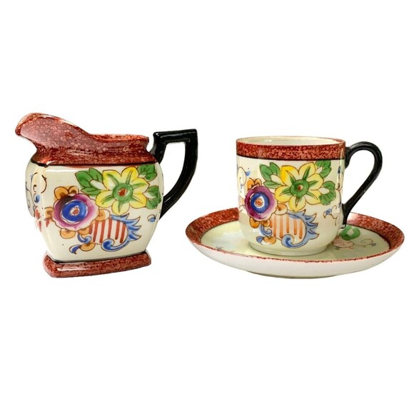 Handpainted Lustreware Cup Saucer Creamer Made in Japan Orange Rim Floral Vtg - Picture 1 of 11